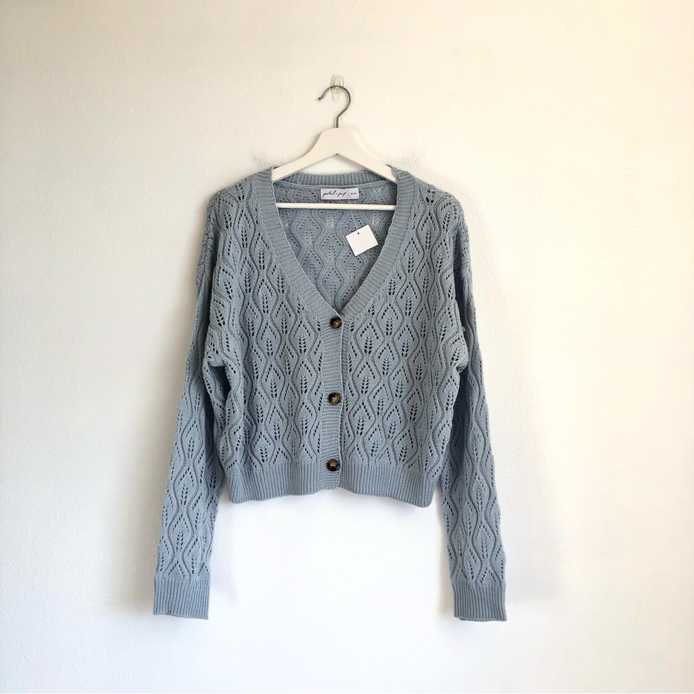 Petal & Pup Pale Blue Ellen Openwork Pointelle Cardigan Sweater Size Large